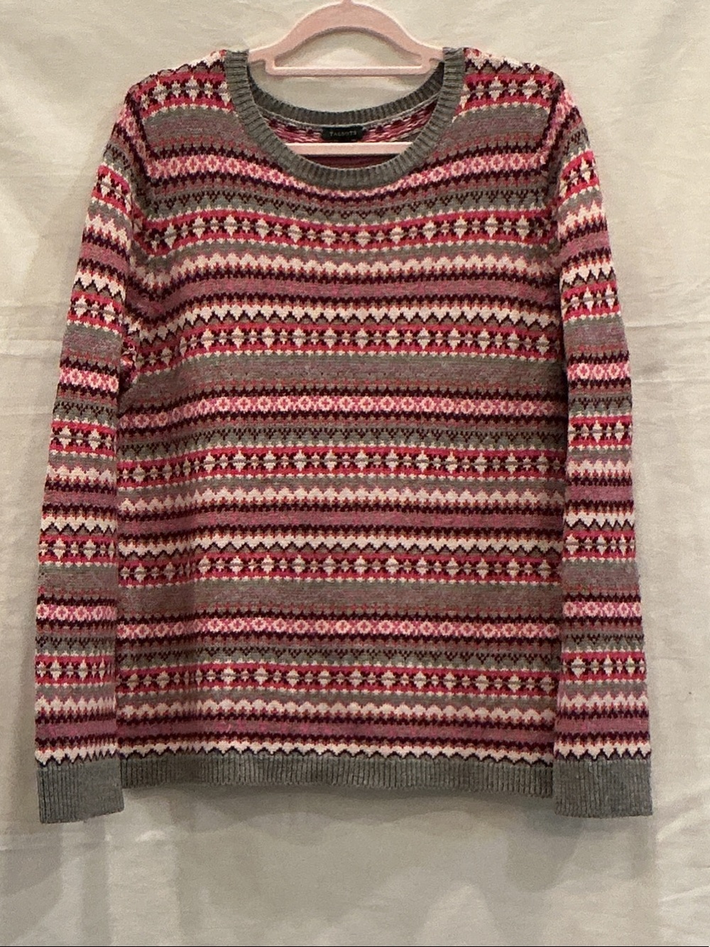 Talbots Pink & Gray Nordic Fair Isle Crewneck Pullover Sweater - Size XL